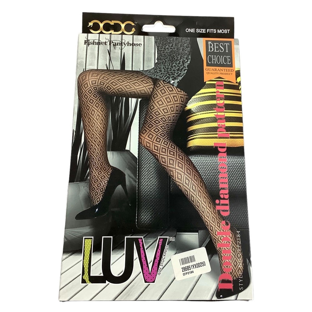 Double Diamond Black Fishnet Stockings O/S